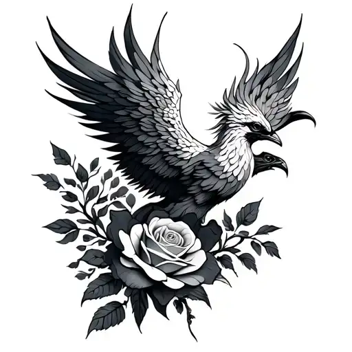 Phoenix Bird Rising Rose Flower