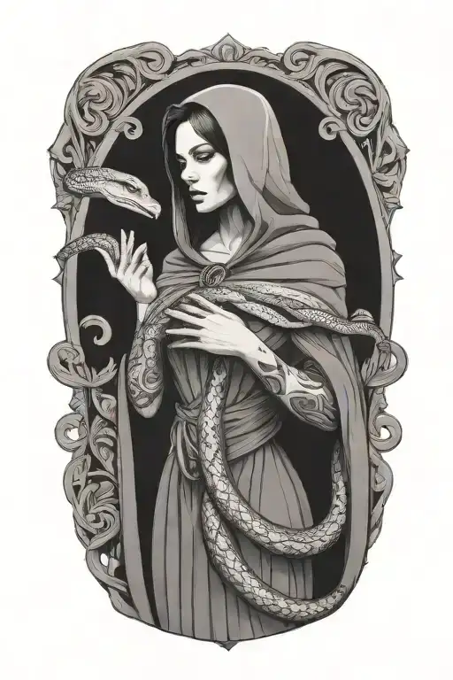 Lilith Standing In A Cloak Holding A Snake