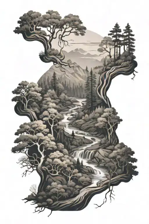 Forest Landscape With A Winding River Running