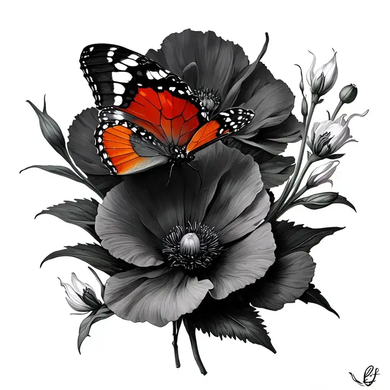 Red Admiral Butterfly And Gadiolus And Poppy Flowers