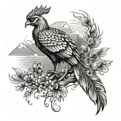 Phoenix With Peacock Feathers By Pine Trees And A Mountain