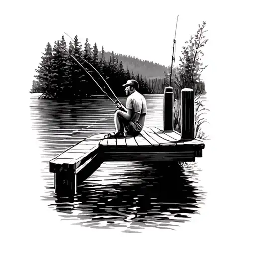 Young Man Sitting On A Dock Fishing Rod