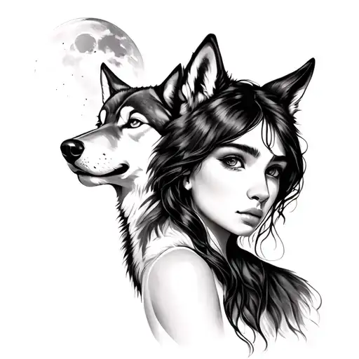 Girl And Wolf And Moon