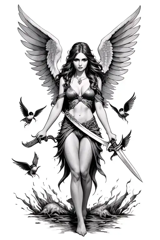 A Women With Wings Holding A Downturned Sword With Both Hands Surrounded By Small Winged Creatures