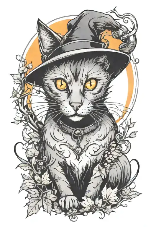 Black Cat With Mystical Orange Eyes In A Witchy Setting Creeping Along In The Fall