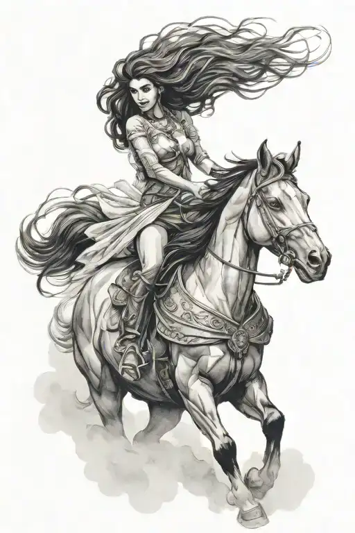 Black Stallion Spirit With A Girl Spirit Riding Away In The Mist