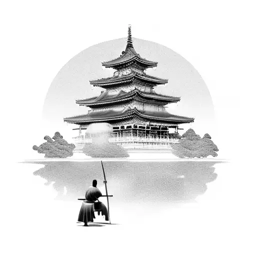 Standing Samurai With A Temple In The Background