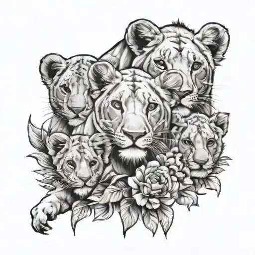 Lioness And Three Lion Cubs And Flowers