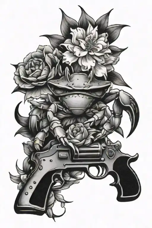 Crab Holding A Gun In One And Flowers In The Other