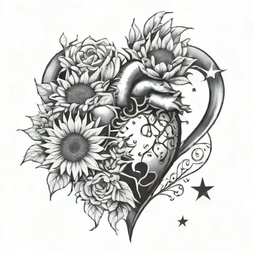 Realistic Heart With Sunflowers Growing Out And A Crescent Moon And Stars Above