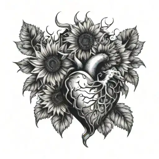Realistic Heart With Sunflowers Growing Out And A Crescent Moon Above