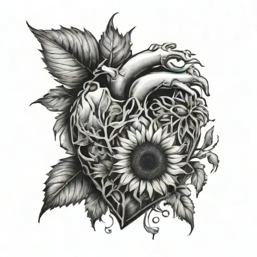 Realistic Heart With Sunflowers Growing Out And A Crescent Moon Above Simple