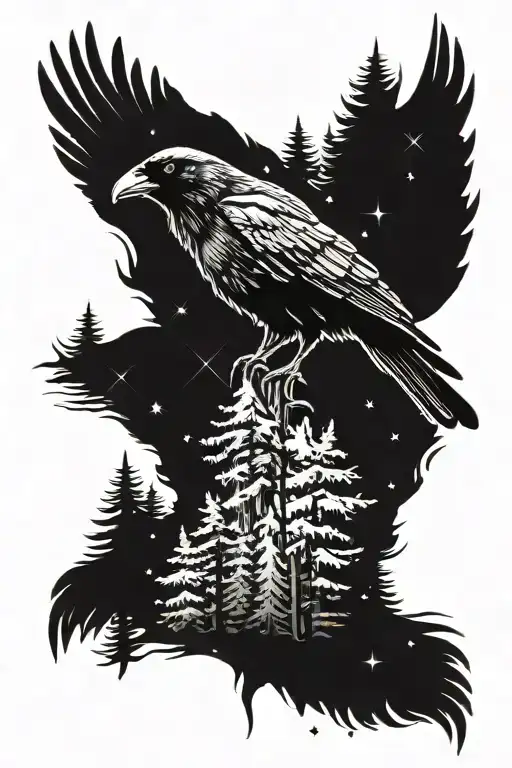 Crow With Pine Trees Night Sky Filled With Stars