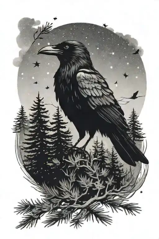 Crow With Pine Trees Night Sky Filled With Stars