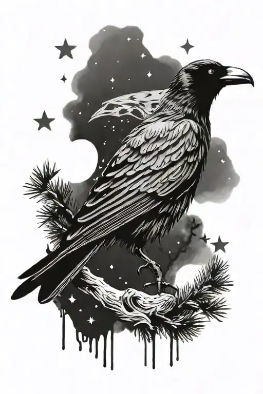 Crow With Pine Trees Night Sky Filled With Stars In The Body Of Crow