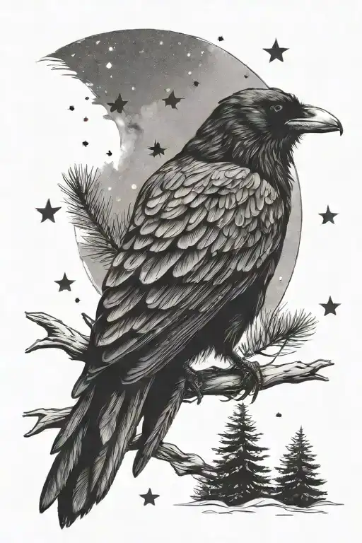 Crow With Pine Trees Night Sky Filled With Stars In The Body Of Crow