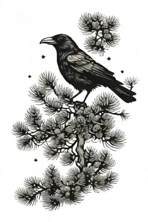 Crow With Pine Trees Night Sky Filled With Stars In The Body Of Crow