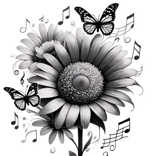 Daisy With Butterflies And Music Notes