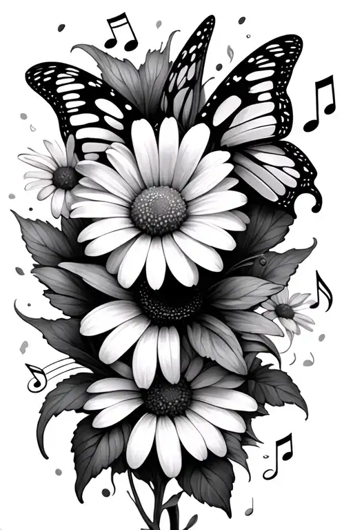 Daisy With Petals Changing Into Butterflies And Music Notes