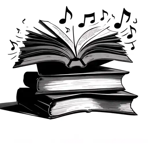 Stack Of Books With The Top One Open And Music Notes Coming Out Of The Book