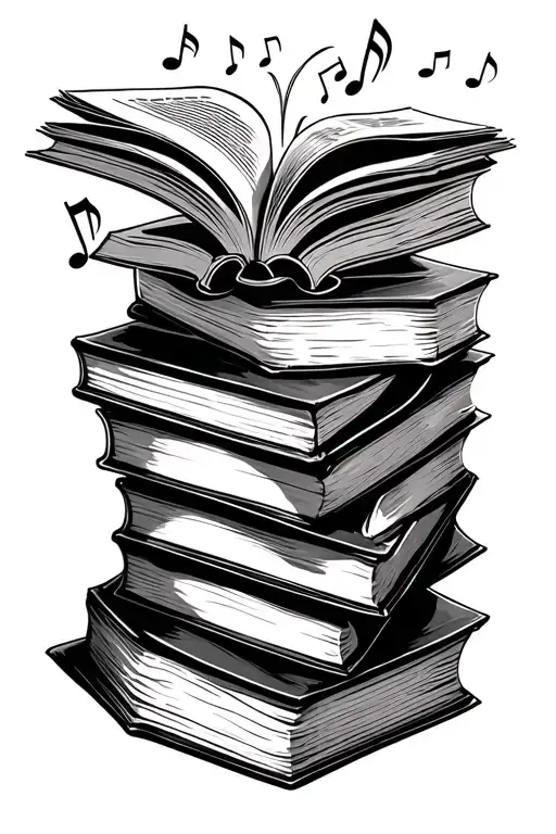 Stack Of Books With The Top One Open And Music Notes Coming Out Of The Book