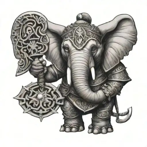Elephant Warrior Wearing Armor Wielding A Battle Axe Missing One Tusk