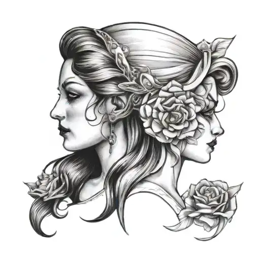 2 Lady Head Profile Holding Open Book Surrounded