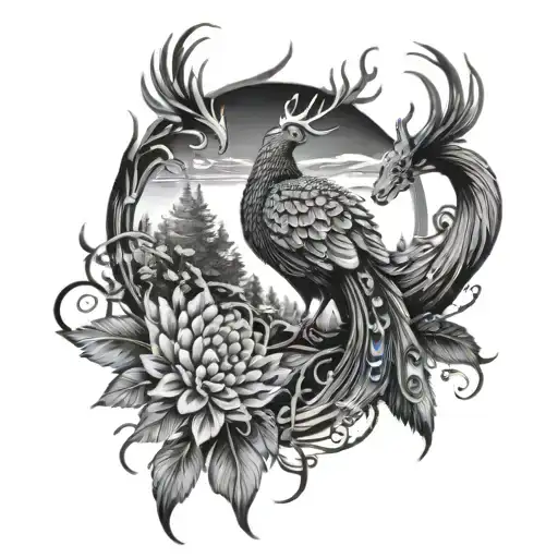 Phoenix With Peacock Feather And Stag By Mountain And Pine Trees