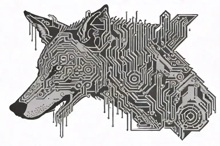 A Tech Support Themed Tattoo Featuring A Circuit Board Pattern Morphing Into A Wolf Silhouette