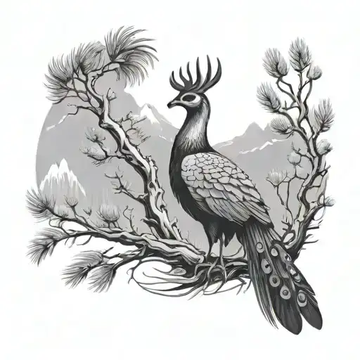 Phoenix With Peacock Feather With Male Deer By Mountain And Pine Trees
