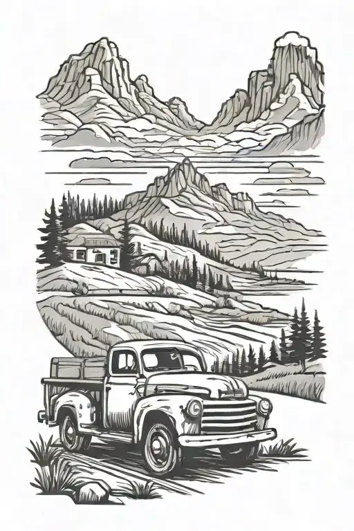A Vintage Pickup Truck Driving Through A Scenic Countryside With Mountains In The Background