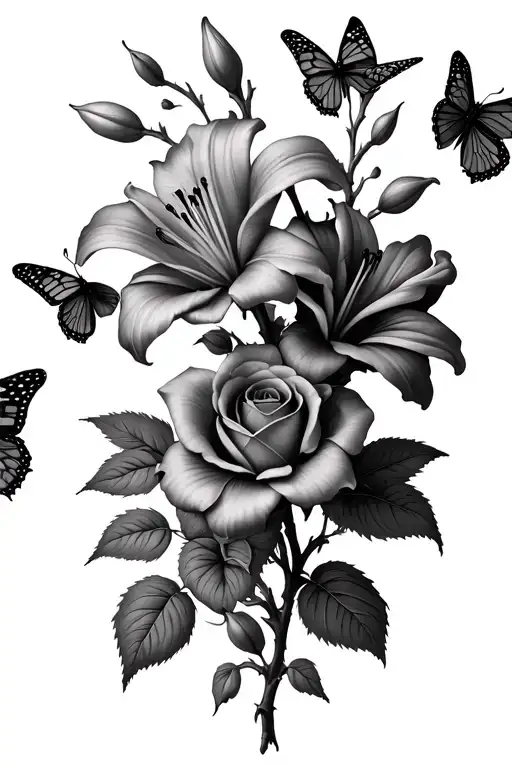 Lily And Rose Thorn With Butterflies