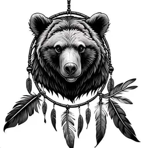 Bear Print In A Dream Catcher With Eagle And Hawk Feathers Hanging