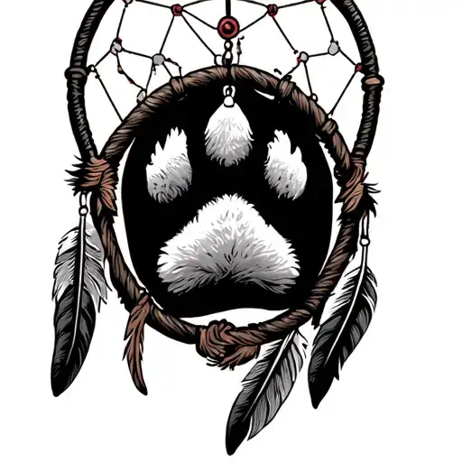 Bear Paw Print In A Dream Catcher With Eagle And Hawk Feathers Hanging