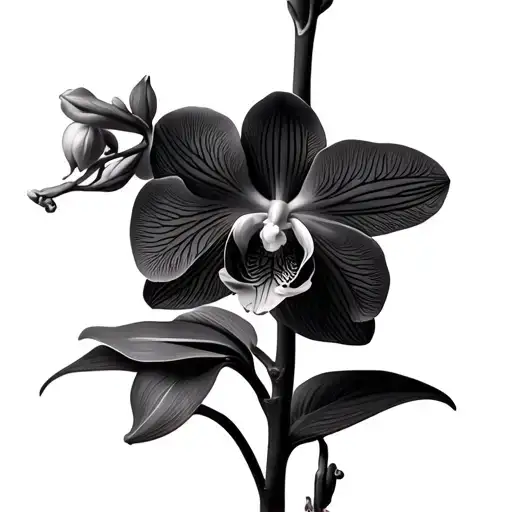 Realistic Delicate Orchid With Long Stem And Leaves At The Base