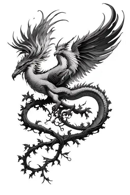 Phoenix And Dragon Intertwined In A Vine Fine Line