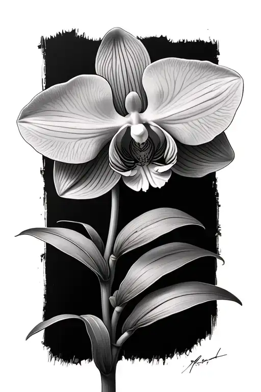 Realistic Delicate Orchid With Long Stem And Leaves At The Base