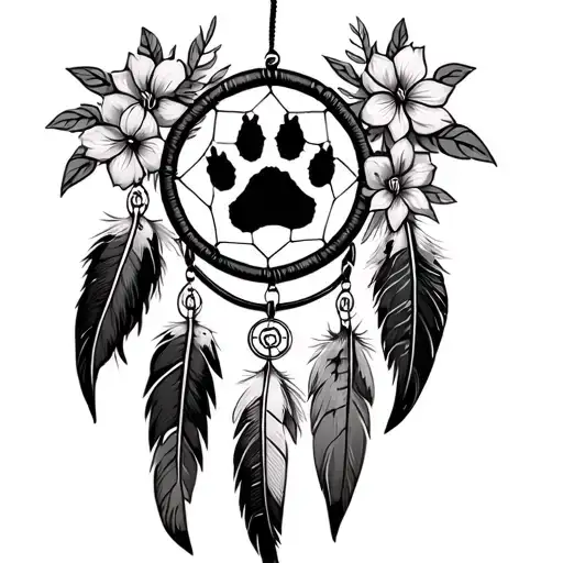 Bear Paw And Claws Print In A Dream Catcher With Eagle And Hawk Feathers Hanging And Flowers