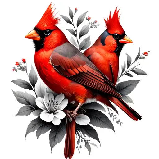Male And Female Cardinal And Flowers