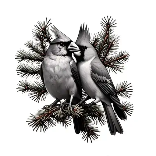 Male And Female Cardinal On Pine Trees