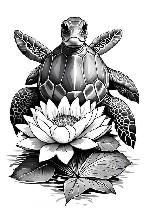 Hawaiian Sea Turtle With Lotus Flowers