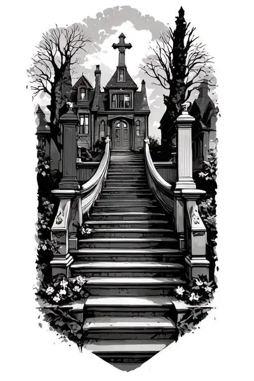 Graveyard Scene Stairs Leading Up Into A Mansion