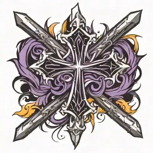 Cross Made Of Spikes With Purple Sash Across The Cross And Flames In The Background