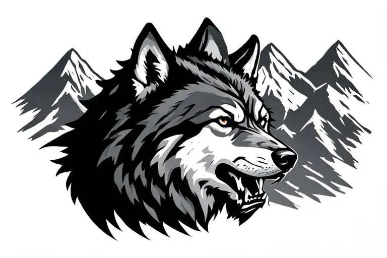 Growling Wolf And Mountains