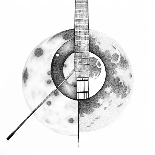 A Silhouette Of A City Skyline With A Guitar As The Moon