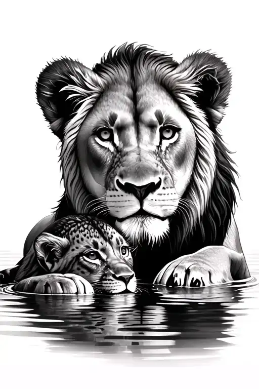 Lion Cub Looking Into The Water And A Grown Lion On The Other Side