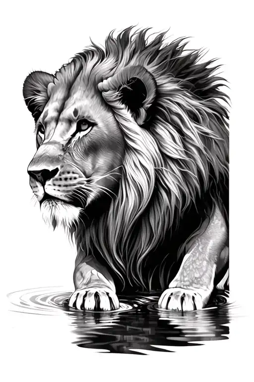 Lion Cub Looking Into Water With Full Grown Lion On Other Side