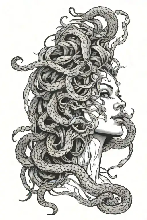 Left Side Of Medusas Face Breaking Apart With Her Snakes Wrapping Around And One Snake Going Up