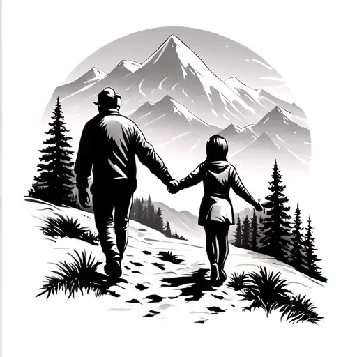 Remembrance Tattoo For Dad Holding Hands With Daughter Walking In Mountains