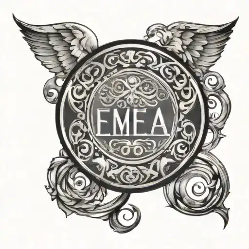 A Circular Tattoo Design With The Name Ema Filling The Whole Circle